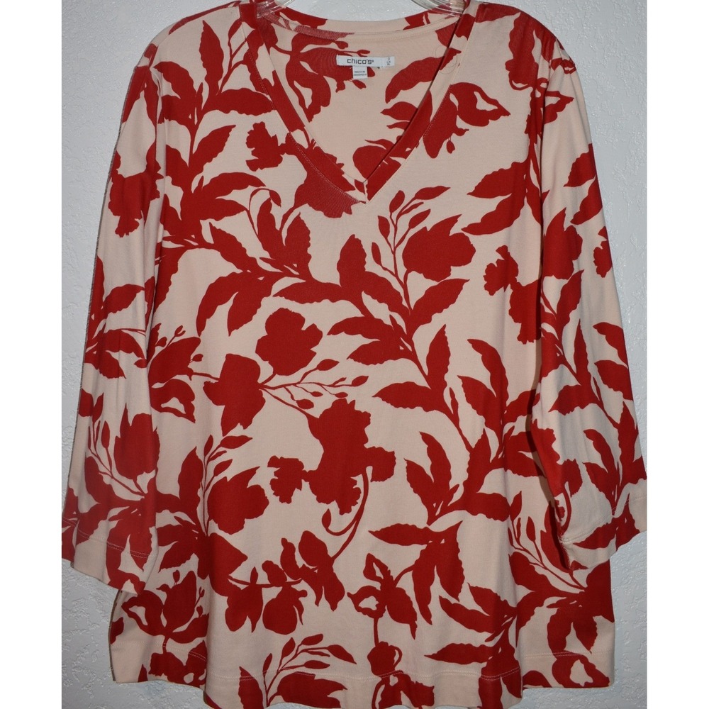 Chicos 3/XL Pima Cotton Top V-Neck Red Tropical Floral 3/4 Sleeve Pullover